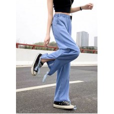 Fashion Light Blue Elastic Waist Side Open Drawstring Cotton Denim Pants Summer