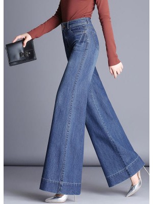 Beautiful Denim Blue High Waist Pockets Patchwork Cotton Wide Leg Pants Fall