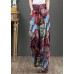 Plus Size Red elastic waist Pockets Print Cotton Wide Leg Pants Summer