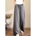 French Grey Elastic Waist Pockets Linen Wide Leg Pants Summer