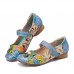  Retro Flower Decor Printed Cowhide Leather Stitching Cloth Comfy Round Toe Casual Flat Shoes