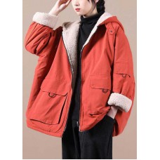 Fashion Orange hooded zippered Pockets Loose Winter parkas Coat