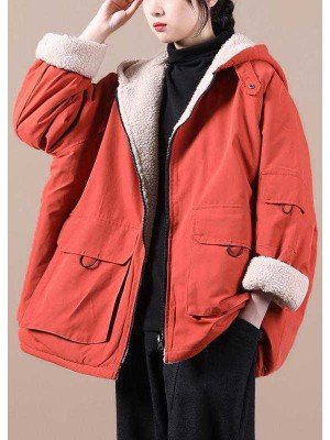 Fashion Orange hooded zippered Pockets Loose Winter parkas Coat