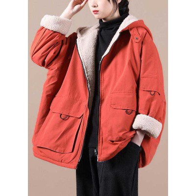 Fashion Orange hooded zippered Pockets Loose Winter parkas Coat