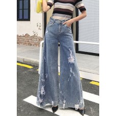 Chic Denim Blue High Waist Pockets Hole Cotton Wide Leg Pants Summer