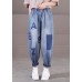 Loose Blue Elastic Waist Pockets Letter Print Cotton Denim Harem Pants Summer