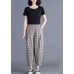 Casual Khaki Plaid Elastic Waist Patchwork Linen Harem Pants Summer