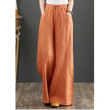 Orange Elastic Waist Linen Straight Pants Solid Color Drawstring Summer