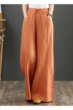 Orange Elastic Waist Linen Straight Pants Solid Color Drawstring Summer