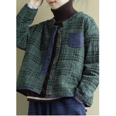 Plus Size Green Plaid Button Patchwork Winter Jackets Long sleeve