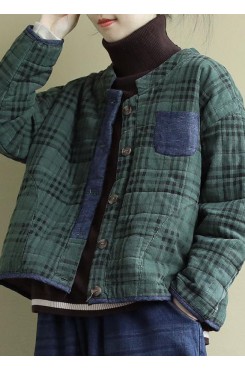 Plus Size Green Plaid Button Patchwork Winter Jackets Long sleeve