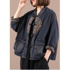 Boho Black Button Embroideried Pockets Fall Denim Jackets