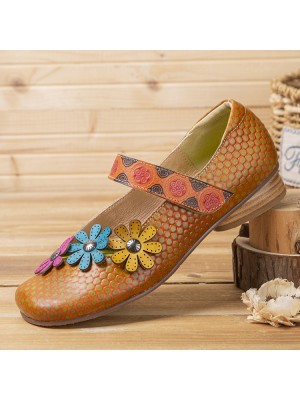 Flowers Decor Dot Printed Cowhide Leather Retro Ankle Strap Hook Loop Comfy Casual Flat Shoes