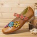 Flowers Decor Dot Printed Cowhide Leather Retro Ankle Strap Hook Loop Comfy Casual Flat Shoes