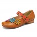 Flowers Decor Dot Printed Cowhide Leather Retro Ankle Strap Hook Loop Comfy Casual Flat Shoes