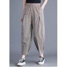 Casual Khaki Plaid Elastic Waist Patchwork Linen Harem Pants Summer