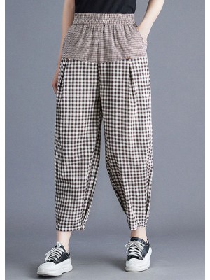 Casual Khaki Plaid Elastic Waist Patchwork Linen Harem Pants Summer