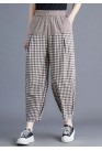 Casual Khaki Plaid Elastic Waist Patchwork Linen Harem Pants Summer