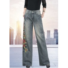 Art Dark Blue High Waist Floral Embroideried Pockets Cotton Denim Straight Pants Fall