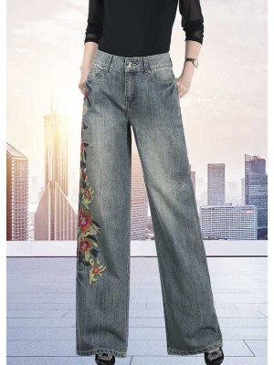 Art Dark Blue High Waist Floral Embroideried Pockets Cotton Denim Straight Pants Fall