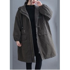 Organic Grey Hooded Zippered Pockets Winter Long sleeve Coat