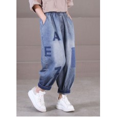 Loose Blue Elastic Waist Pockets Letter Print Cotton Denim Harem Pants Summer