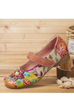  Retro Flower Decor Printed Cowhide Leather Stitching Cloth Comfy Round Toe Casual Flat Shoes