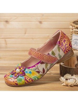  Retro Flower Decor Printed Cowhide Leather Stitching Cloth Comfy Round Toe Casual Flat Shoes