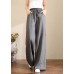 French Grey Elastic Waist Pockets Linen Wide Leg Pants Summer