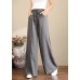 French Grey Elastic Waist Pockets Linen Wide Leg Pants Summer