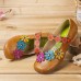 Flowers Decor Dot Printed Cowhide Leather Retro Ankle Strap Hook Loop Comfy Casual Flat Shoes