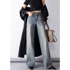 Classy Denim Blue High Waist Pockets Draping Cotton Straight Pants Summer